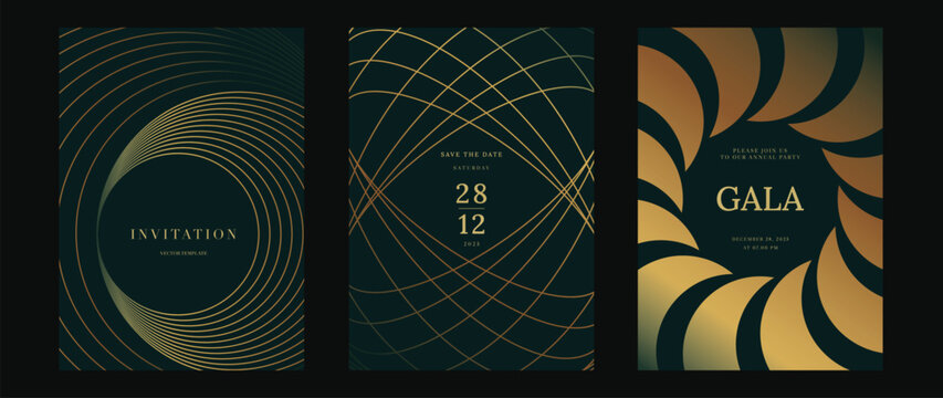 Luxury Geometric Invitation Card Set with Gold Line Art on Dark Background. Elegant Templates for Gala Events, Corporate Parties, Wedding Announcements, and VIP Invitations