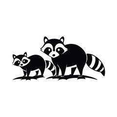 Three raccoons stealthily exploring a lush forest floor under moonlight
