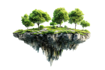 Fantasy floating island with two trees and rocks isolated on transparent background. Floating island with trees and rocks isolated on white background.