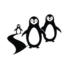 Charming illustration of three penguins waddling together across a snowy landscape