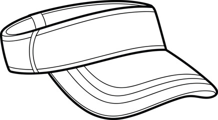 Sporty Visor Hat Outline Illustration, Athletic Headwear Technical Drawing, Modern Sun Protection Accessory, Flat Sketch for Apparel Design, Trendy Outdoor Gear Blueprint.