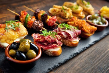 Fototapeta premium Basque Food. Tapas and Traditional Spanish Snacks at a Basque Eatery in San Sebastian