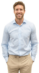 Fototapeta premium A handsome man smiling, wearing a light blue shirt and beige pants, against a transparent background