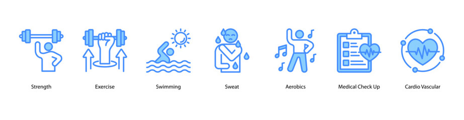 Aerobic fitness web banner icon vector illustration with exercise routines, swimming, sweat effort, aerobics class, medical check up, cardiovascular focus, and running activity.
