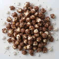 Top view of chocolate-coated popcorn scattered on a white surface, highlighting sweet and crunchy texture.