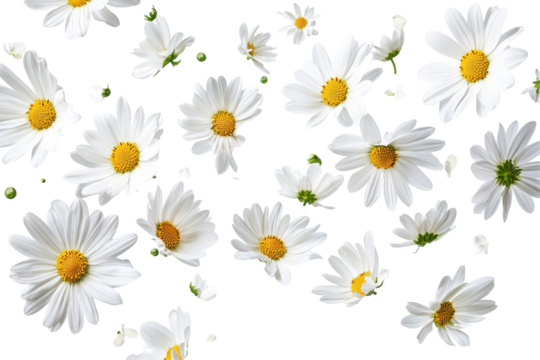 Scattered white daisies with yellow centers isolated on transparent background. Flying white flowers isolated on white background.