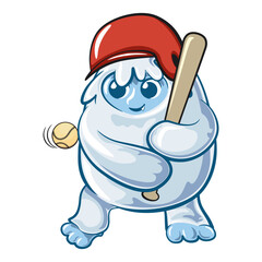 cute yeti  wear a helmet playing baseball, cartoon snow monster ready to hit the ball with the bat vector illustration, work of hand drawn