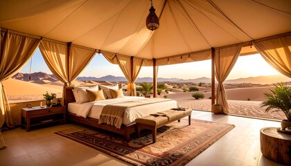 Luxury Desert Glamping Sunlit Tent Interior with Bed with Dunes, and and Sunset View.