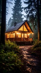 Cozy cabin nestled in a foggy forest at night