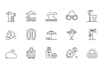 Fototapeta premium Minimalist Beach Vacation Line Icons for Summer Travel and Holiday Destinations Exploring the World and Fun Activities