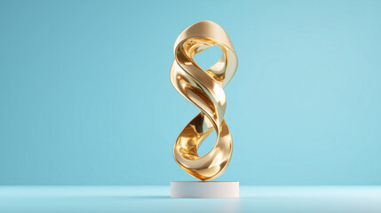 Gold abstract sculpture shines on blue background. Represents success, achievement, luxury. Ideal for web, design, marketing.