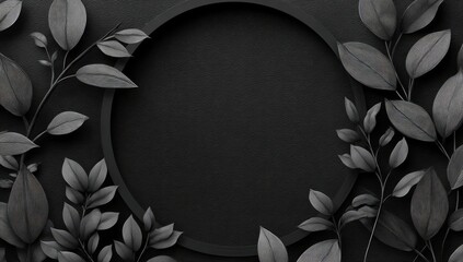 Dark circular frame surrounded by stylized leaves