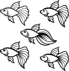 Fototapeta premium Five stylized betta fish line art; elegant, minimalist black and white aquatic illustration.