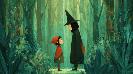 In an enchanted forest, a young girl in a red cloak gazes up at a mysterious witch dressed in black, surrounded by lush greenery and ethereal light.