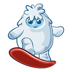 cute yeti surfing with a ski board, cartoon snow monster vector illustration, work of hand drawn