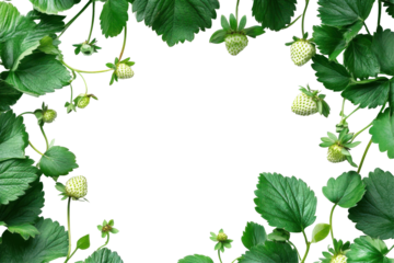 Green strawberry leaves forming a decorative border isolated on transparent background. Fresh green strawberry foliage isolated on white background.