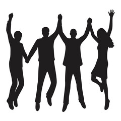 Dynamic Silhouette Celebration Four Figures Leaping with Joyful Abandon Representing Unity Success and Shared Enthusiasm in a Monochromatic Design