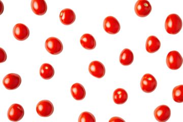 Small red oval shaped tomatoes scattered isolated on transparent background. Fresh red tomatoes isolated on white background.