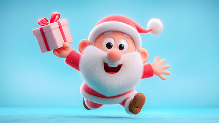 Merry Christmas. Cute, funny and cheerful Santa Claus happily runs forward with a gift in his hands on a blue background. Funny cartoon Santa Claus is in a hurry with a gift box