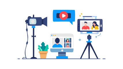 Professional video production setup for online meetings and content creation with camera and smartphone use