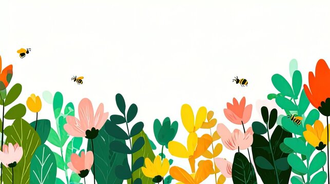 "Spring Minimalist Illustration! White Background Flowers, Plants + Dragonflies & Bees - Pastel Flat Design AI Asset"
