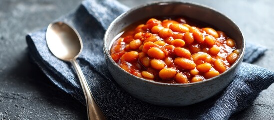 A bowl of baked beans in tomato sauce, with a spoon on a blue napkin, close-up