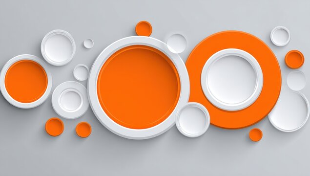 Abstract composition of nested circles in white and orange, creating a modern, minimalist design on a soft gray backdrop, with subtle shadows for depth