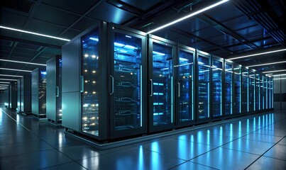 High-tech data center with illuminated server racks-Modern server room with rows of glowing blue server cabinets, representing cloud computing, data storage, and digital infrastructure.