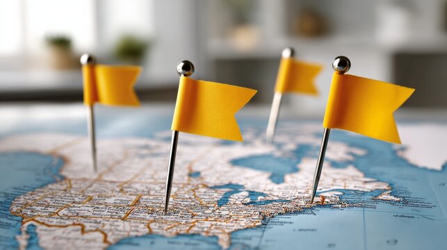 Map of the United States with four yellow flags on it. The flags are placed at the top of the map, with one in the middle and two on the right side