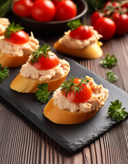 Tasty spread of chicken and cheese pate with tomatoes for finger food. Delicious party appetizer