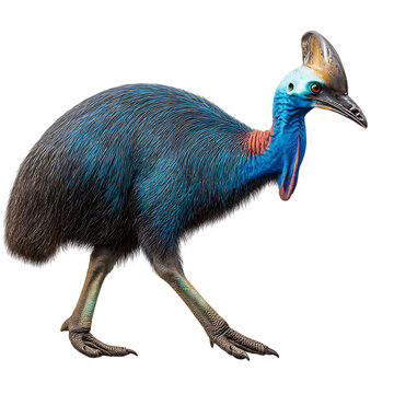 A colorful cassowary bird with a blue neck and red wattles stands on a transparent background on transparent background
