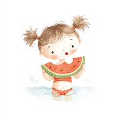 Cute Girl Eating Watermelon in the Pool