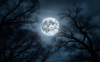 Naklejka premium Full Moon Shining Through Bare Tree Branches on a Dark Night Sky