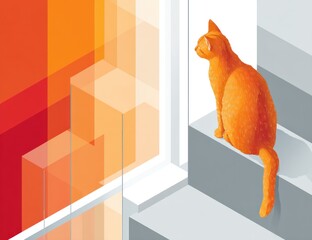 Orange cat sits on grey stairs near a bright window with geometric shapes