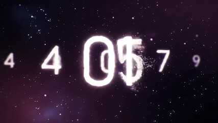 Glowing numbers float in a dark, starry expanse, creating a cosmic countdown effect ideal for science fiction or futuristic themes.