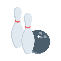 An editable isometric icon of bowling ball and pins
