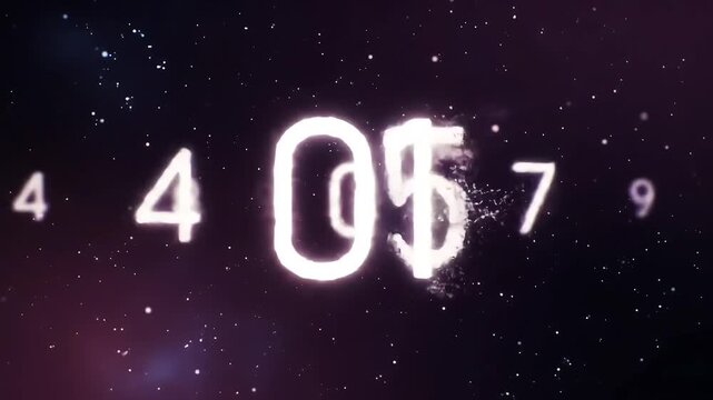 Glowing numbers float in a dark, starry expanse, creating a cosmic countdown effect ideal for science fiction or futuristic themes. - Powered by Adobe
