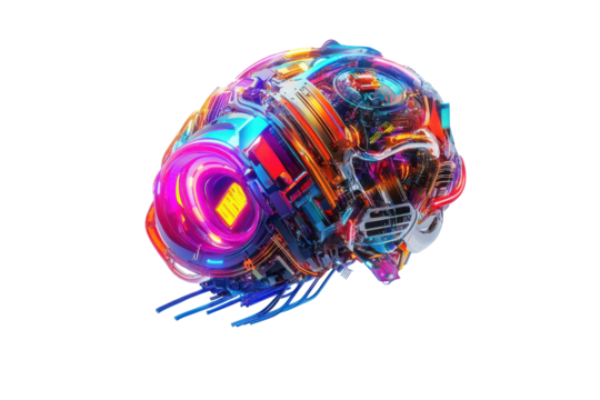Abstract cyberpunk robot head sculpture isolated on transparent background. Brain showcasing technology and creativity in vibrant colors isolated on white background.