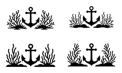 Fototapeta premium Anchor and coral silhouette icons representing marine underwater scene 