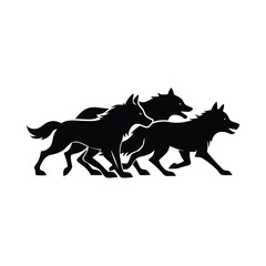 Dynamic wolf pack running together in silhouette against a clean white background