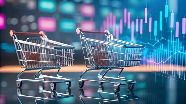 Shopping carts with stock market data overlay-Two empty shopping carts in front of digital stock charts, symbolizing consumer behavior, retail trends, and economic fluctuations. - Powered by Adobe