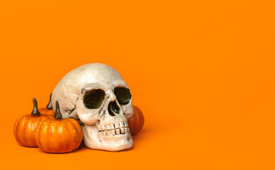 Closeup of scary evil skeleton skull and Halloween pumpkins with space for text. Halloween concept background