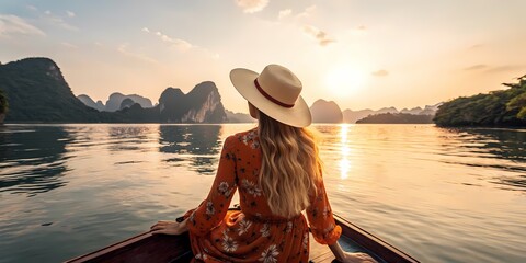 Woman in boat enjoying peaceful sunset on scenic lake-Back view of a woman wearing a hat sitting in a boat, admiring a tranquil sunset over calm waters and distant mountains.