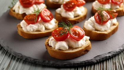 Finger food spread with tasty mascarpone cheese and tomatoes. Small sandwiches. Delicious snack