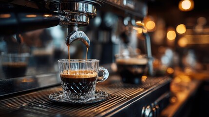 Espresso pouring into crystal glass cafe coffee machine