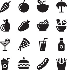 Collection of food and drink icons in silhouette style
