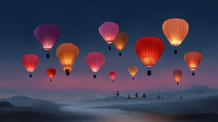 Obraz premium Painting of many hot air balloons in the sky with a city in the background. The mood of the painting is peaceful and serene