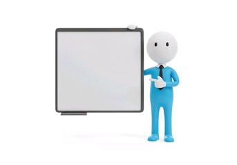 stickman Accountant holding and pointing a big blank whiteboard, cartoon 3D illustration, isolated on white background