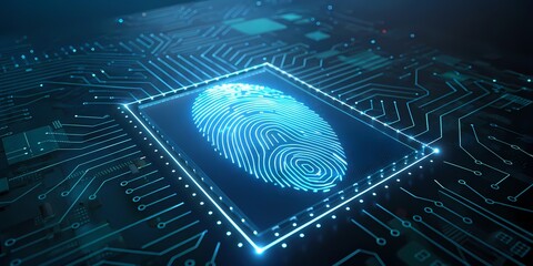 Digital fingerprint on microchip representing cybersecurity technology-Glowing fingerprint on a digital microchip symbolizes biometric security, data protection, and modern authentication technologie