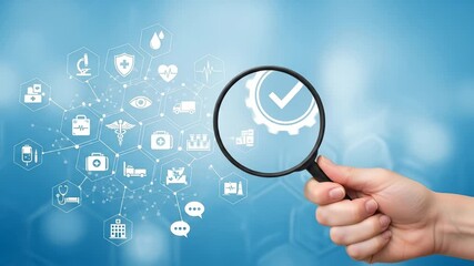 Healthcare Quality Control: Magnifying Glass Examining Medical Icons for Assurance and Compliance in Health Services